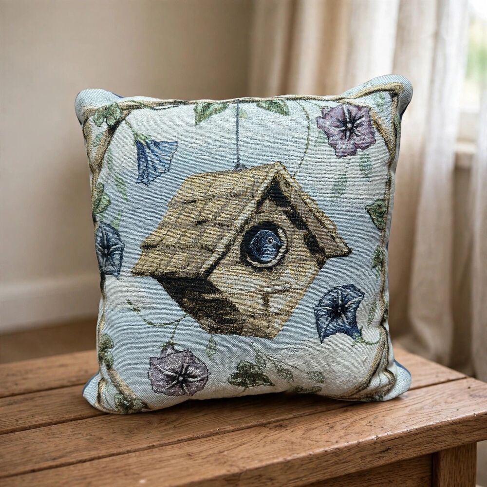 Birdhouse Floral Needlework Tapestry Throw Pillow 16in Blue Vintage Cottagecore